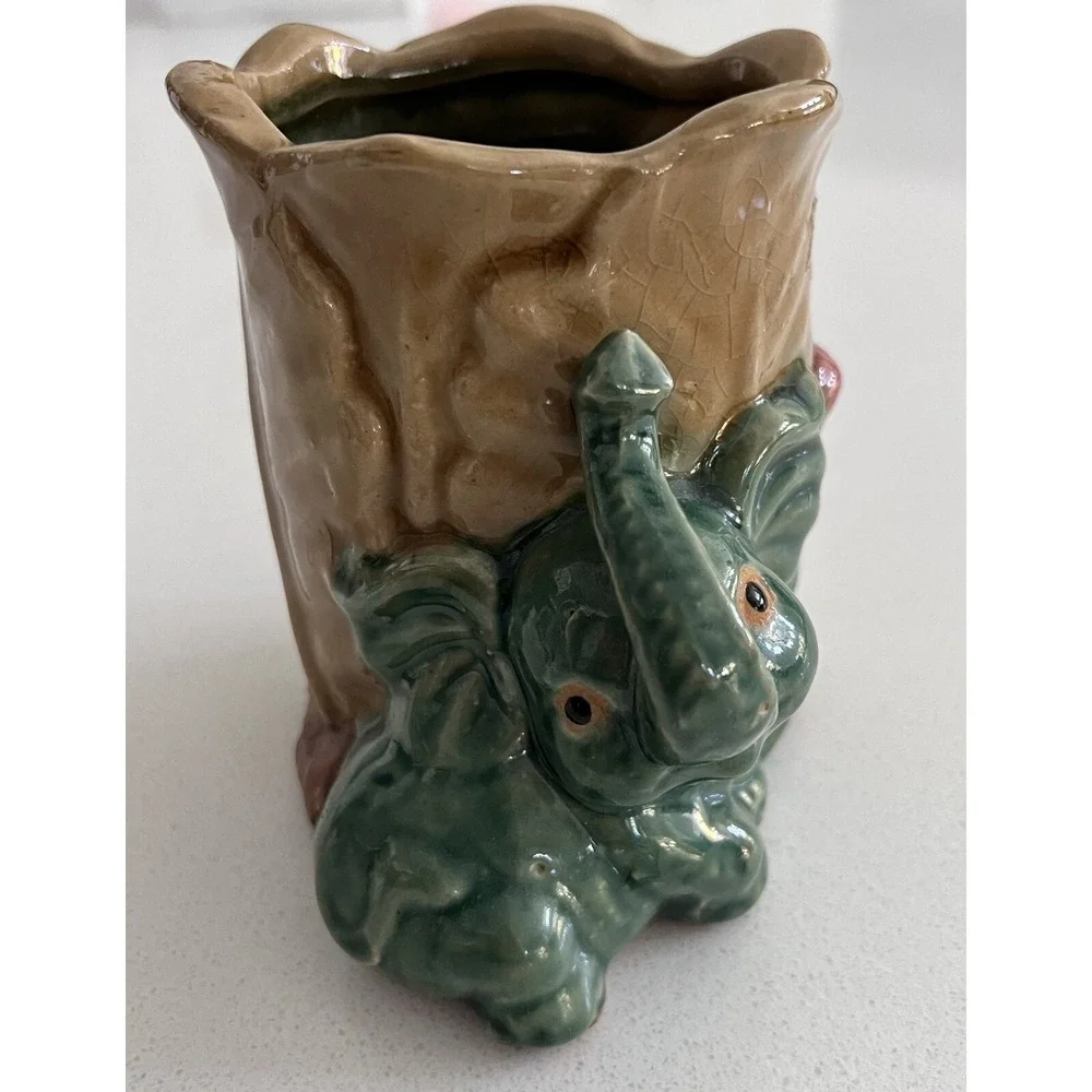 Vintage Majolica Pottery Ceramic Elephant Vase